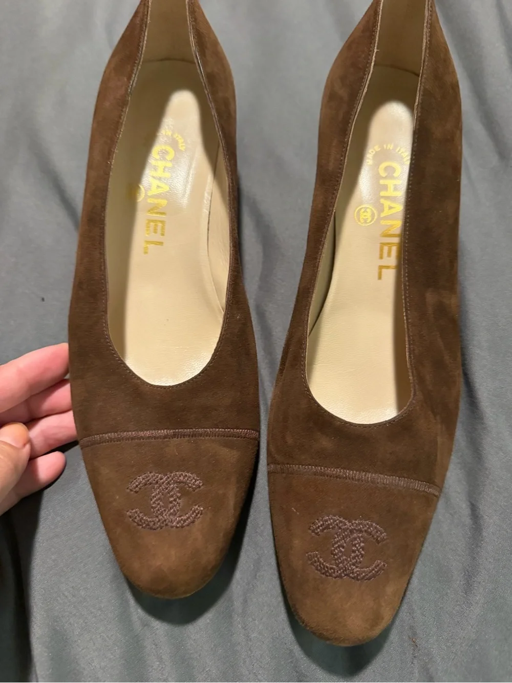 Vintage Chanel Brown Suede CC Cap-Toe Pumps